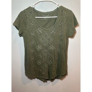 Lucky Brand Green Pattern Sz Med Ladies Low Cut Round Neck Top